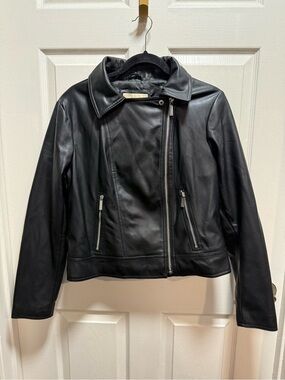 Michael Kors Black Faux Leather Moto Zip Jacket size Large